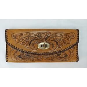 Vintage Tooled Leather Whipstitch Western Handcrafted Fold Floral Boho Wallet